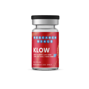 KLOW Blend research vial -- GHK-Cu 50 mg / KPV 10 mg / BPC-157 10 mg / TB500 10 mg recovery and anti-inflammatory peptide stack.